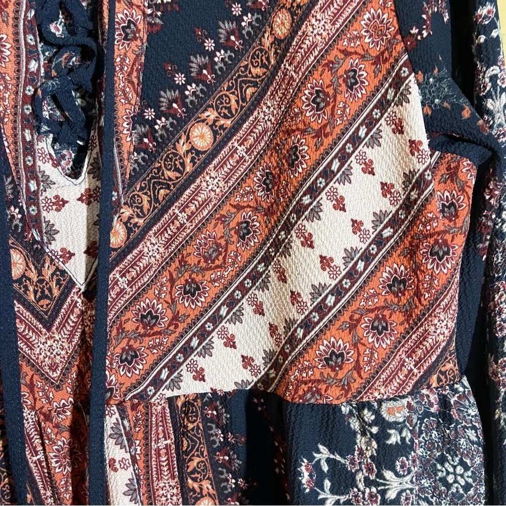 Artesia Boho Blue & Coral Floral Tassel Babydoll Tunic Top Size M - Picture 3 of 7